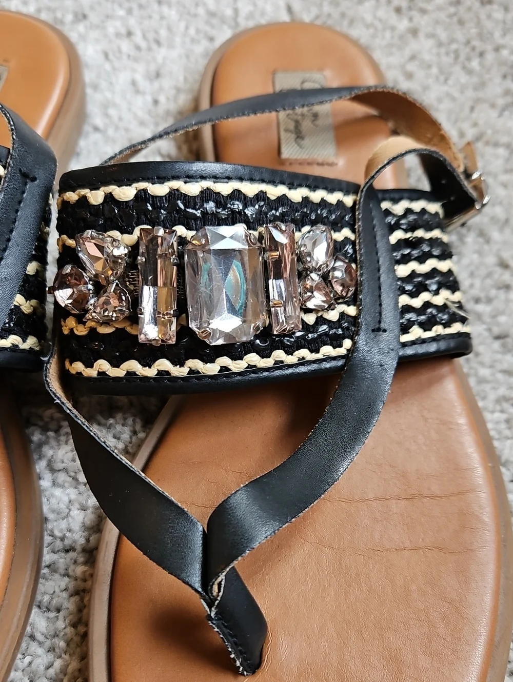 Crown Vintage Black and Tan Jeweled Thong Sandals